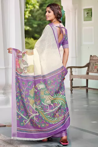 cream cotton blend digital print saree