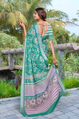 sea green cotton blend saree with floral border print 5