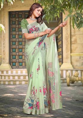 green cotton blend saree with floral print 1