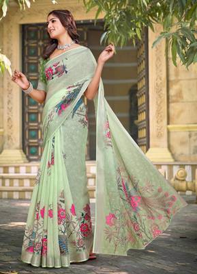 green cotton blend saree with floral print 2