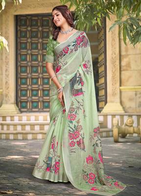 green cotton blend saree with floral print 3