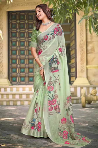 green cotton blend saree with floral print