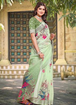 green cotton blend saree with floral print 4