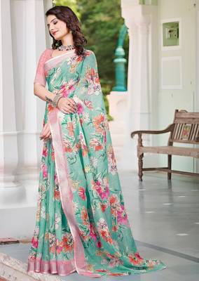 sea green cotton blend saree with floral print 2