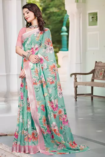 sea green cotton blend saree with floral print
