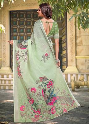green cotton blend saree with floral print 5