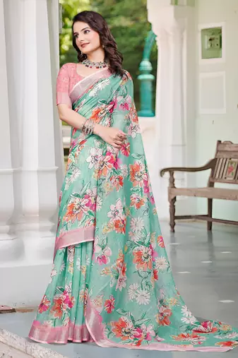 sea green cotton blend saree with floral print