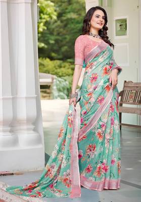 sea green cotton blend saree with floral print 4