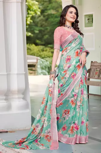 sea green cotton blend saree with floral print