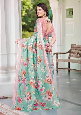sea green cotton blend saree with floral print 5