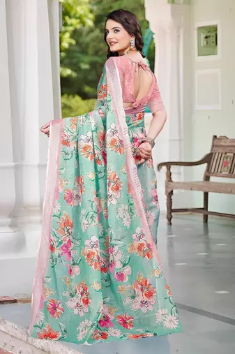 sea green cotton blend saree with floral print