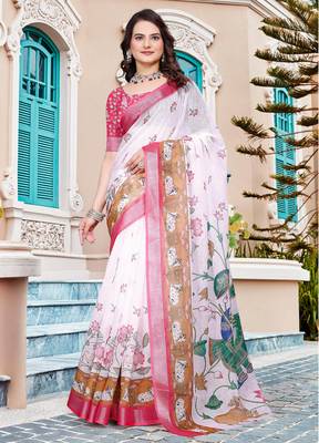 white cotton blend saree with floral border print 1