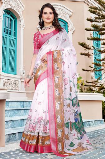 white cotton blend saree with floral border print
