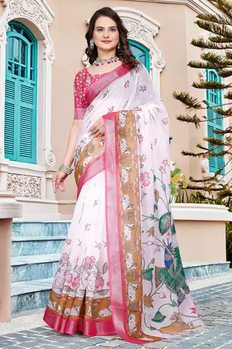white cotton blend saree with floral border print
