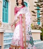 white cotton blend saree with floral border print