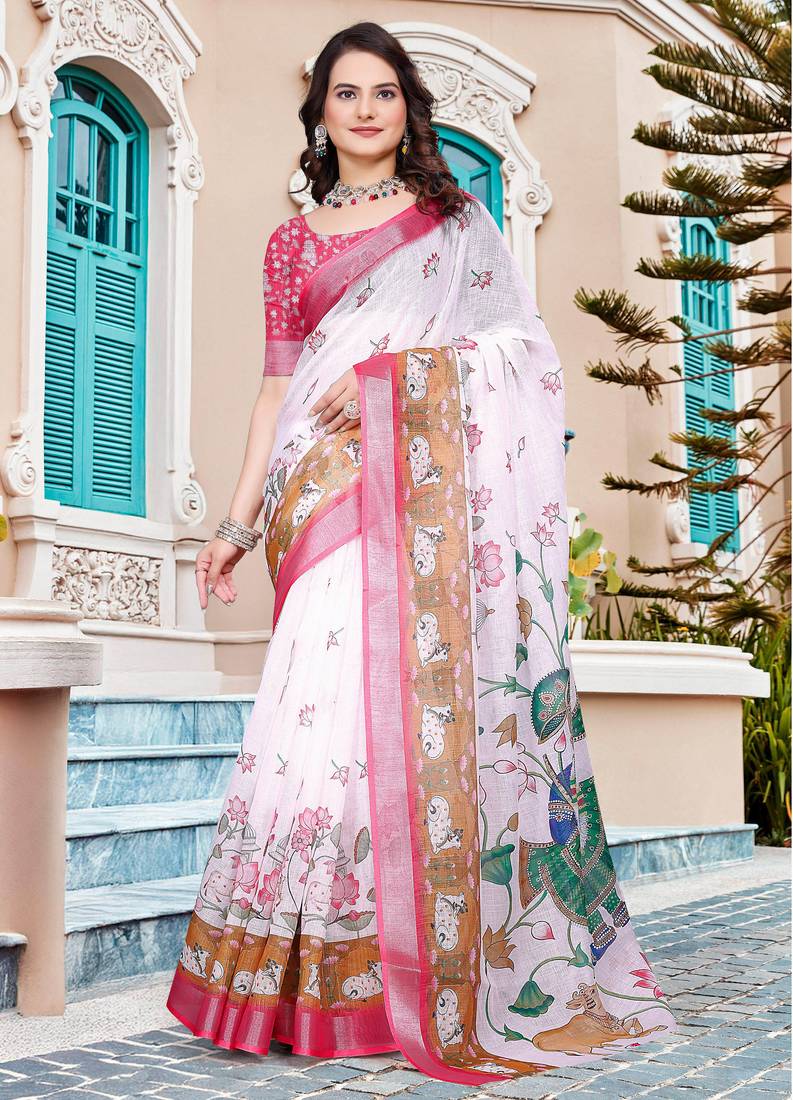 white cotton blend saree with floral border print