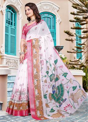 white cotton blend saree with floral border print 2