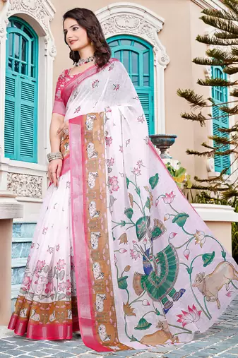 white cotton blend saree with floral border print