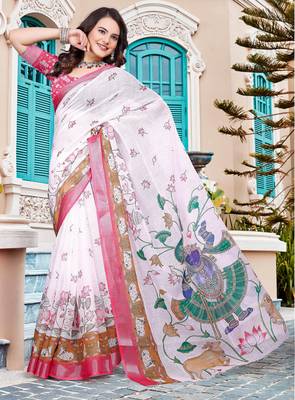 white cotton blend saree with floral border print 3