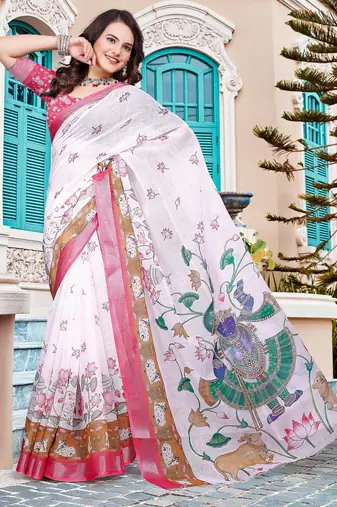 white cotton blend saree with floral border print