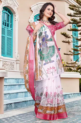 white cotton blend saree with floral border print
