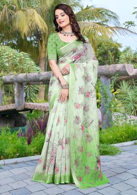 green cotton blend saree with floral print 1