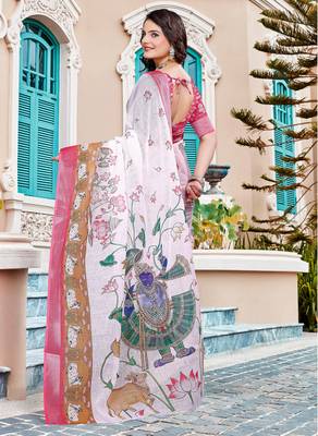white cotton blend saree with floral border print 5