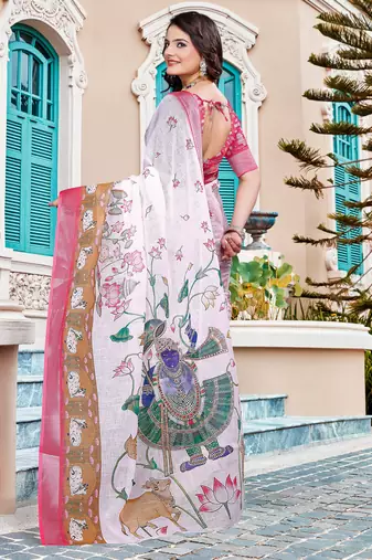 white cotton blend saree with floral border print