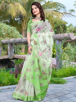green cotton blend saree with floral print 2