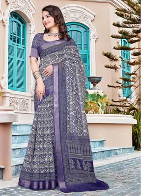 navy purple cotton blend saree with floral print 1