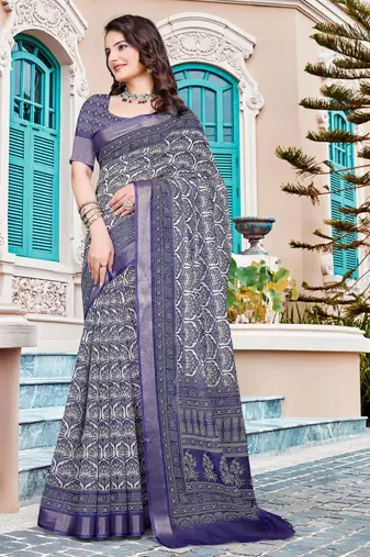 navy purple cotton blend saree with floral print