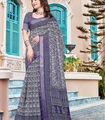 navy purple cotton blend saree with floral print