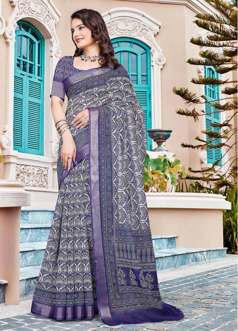 navy purple cotton blend saree with floral print