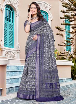 navy purple cotton blend saree with floral print 2