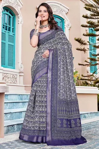 navy purple cotton blend saree with floral print