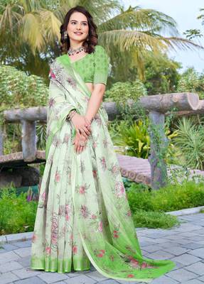green cotton blend saree with floral print 4