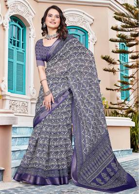 navy purple cotton blend saree with floral print 3