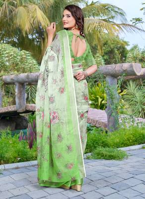 green cotton blend saree with floral print 5