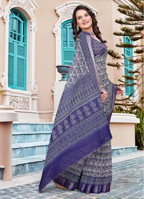navy purple cotton blend saree with floral print 4