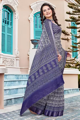 navy purple cotton blend saree with floral print