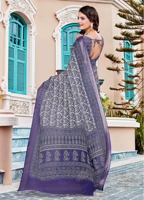 navy purple cotton blend saree with floral print 5