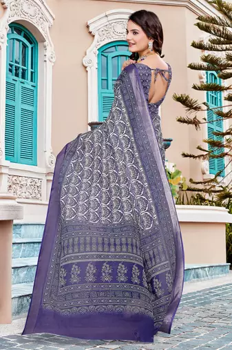 navy purple cotton blend saree with floral print