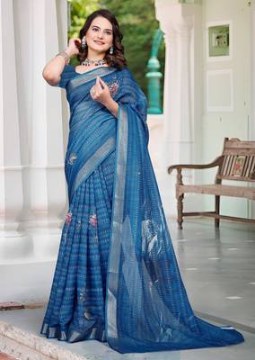 blue cotton blend digital print saree 1