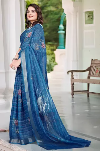 blue cotton blend digital print saree (sfcl126)