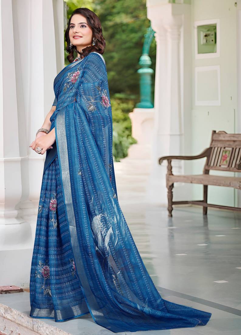 blue cotton blend digital print saree