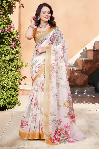 white orange cotton blend saree with floral border print