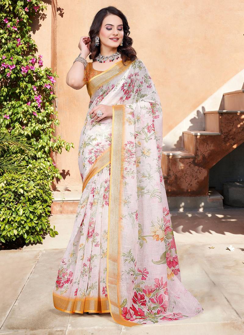 white orange cotton blend saree with floral border print