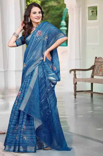 blue cotton blend digital print saree (sfcl126)