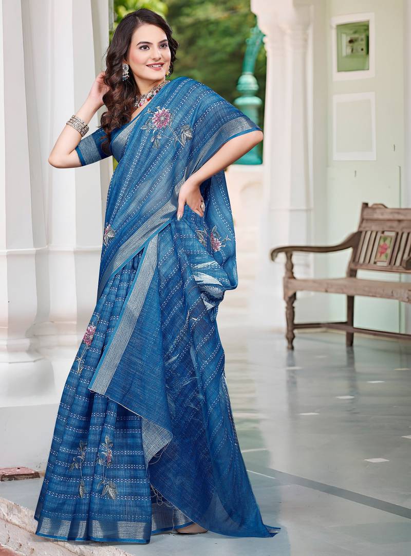 blue cotton blend digital print saree