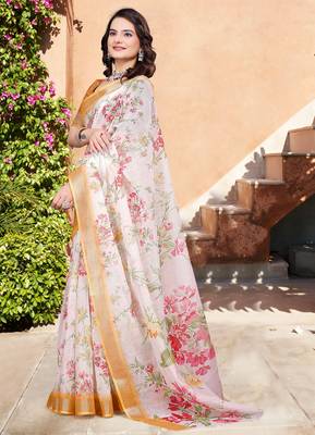 white orange cotton blend saree with floral border print 2